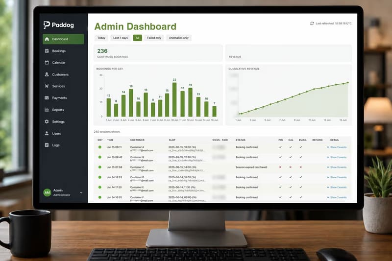 The booking dashboard showing bookings, payments, and refunds.
