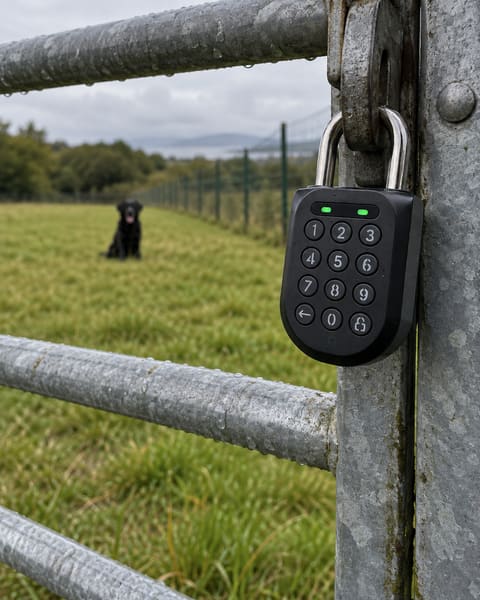A hand entering a gate code on the keypad padlock fitted to a gate